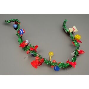 Vtg Green Christmas Garland Satin Balls,Bows,Bears,Bells,Drums One Strand